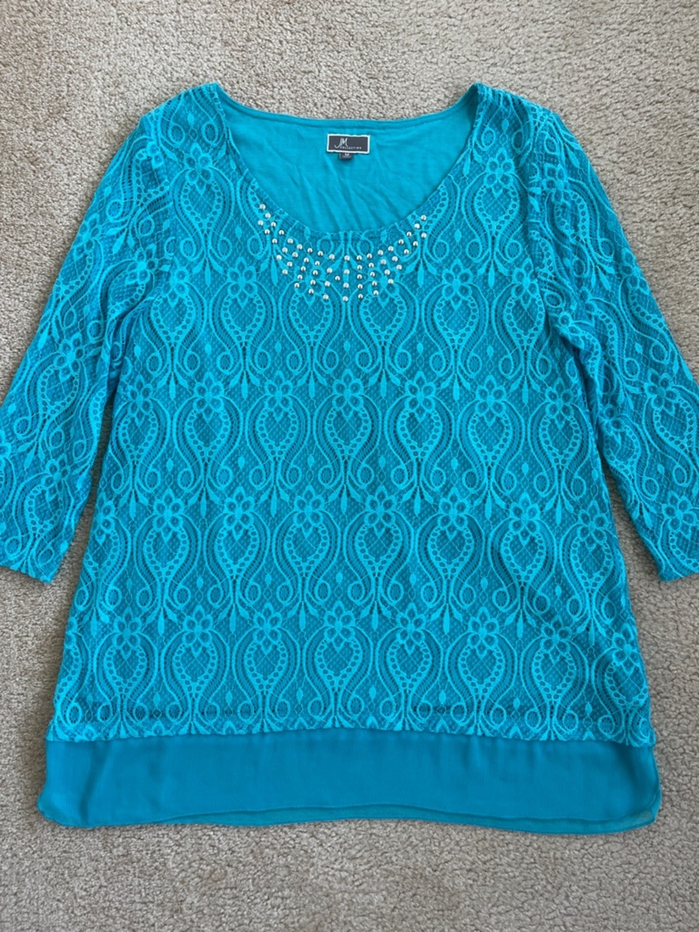 JM Collection Beaded Lace Crochet 3/4 Sleeve Tunic Scoop Neck Top Blue in Medium
